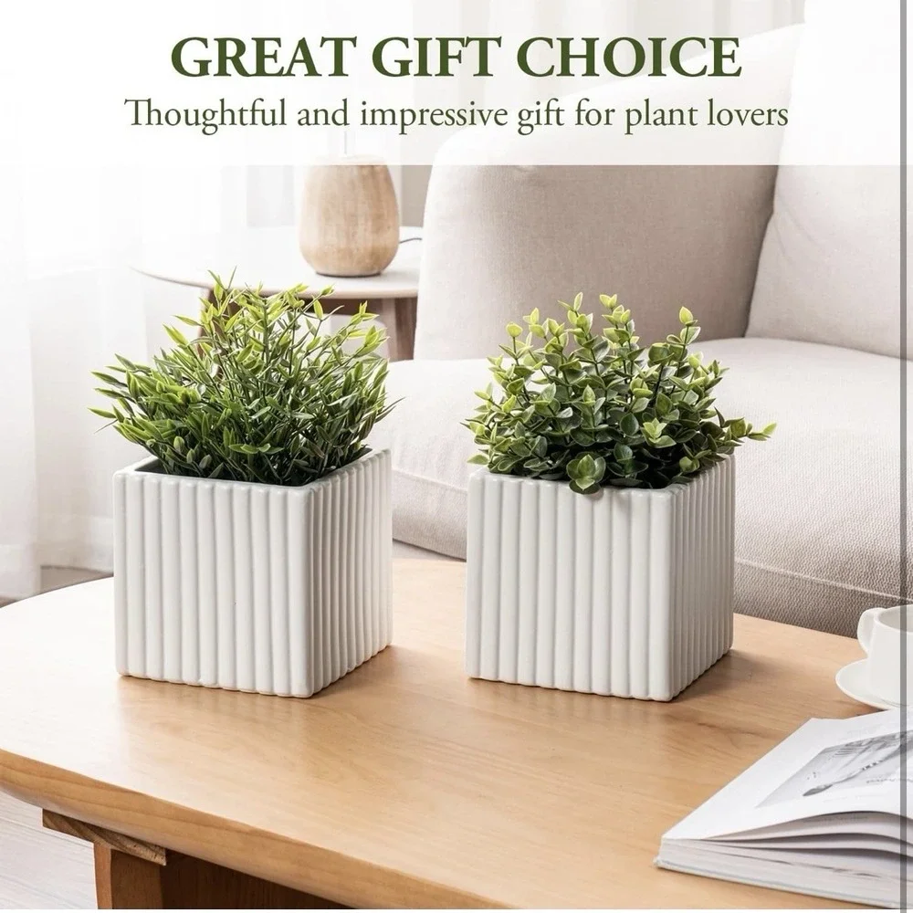 6.3 Inch Square Vintage White Ceramic Succulent Planter Pot with Vertical Ribbed